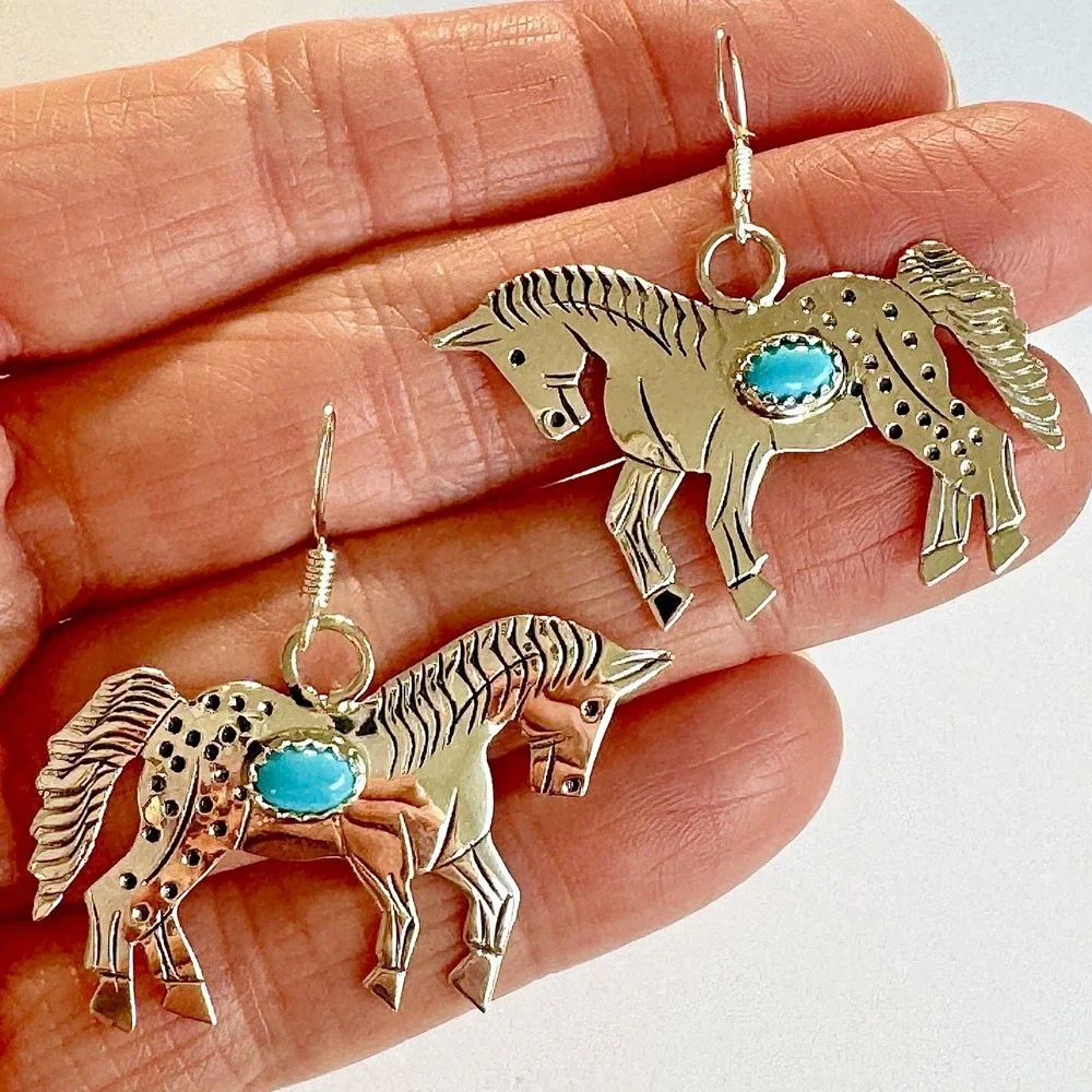 Running Horse Turquoise Navajo‎ Earrings 1.5in Sterling Signed L Yazzie Handmade